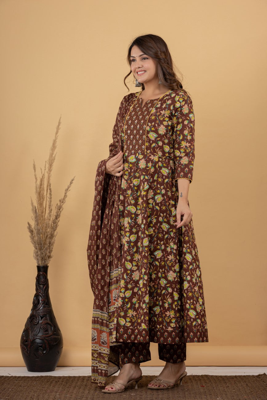 Brown Cotton Anarkali Kurta Pant Set with Dupatta-250116