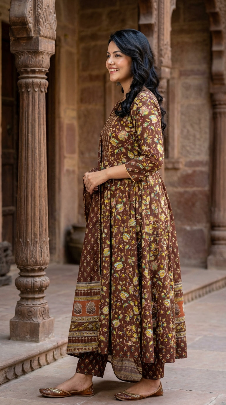 Brown Cotton Anarkali Kurta Pant Set with Dupatta-250116