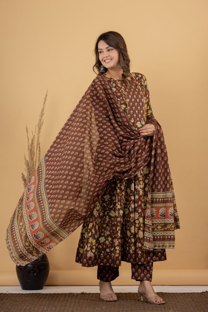 Brown Cotton Anarkali Kurta Pant Set with Dupatta-250116