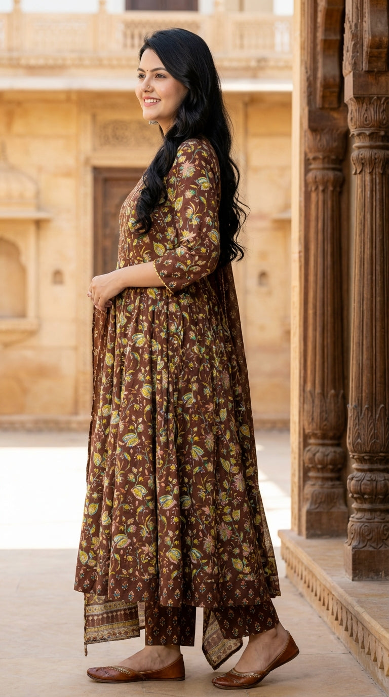 Brown Cotton Anarkali Kurta Pant Set with Dupatta-250116