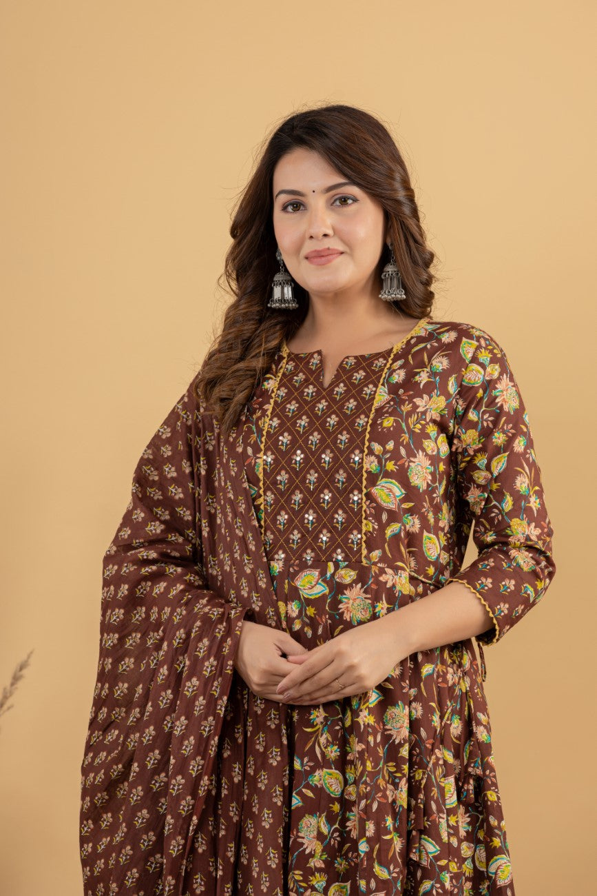 Brown Cotton Anarkali Kurta Pant Set with Dupatta-250116