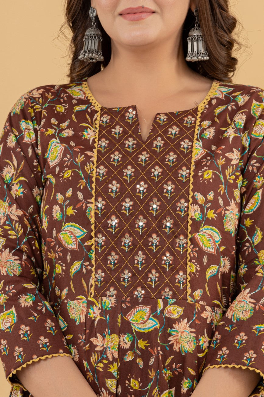 Brown Cotton Anarkali Kurta Pant Set with Dupatta-250116