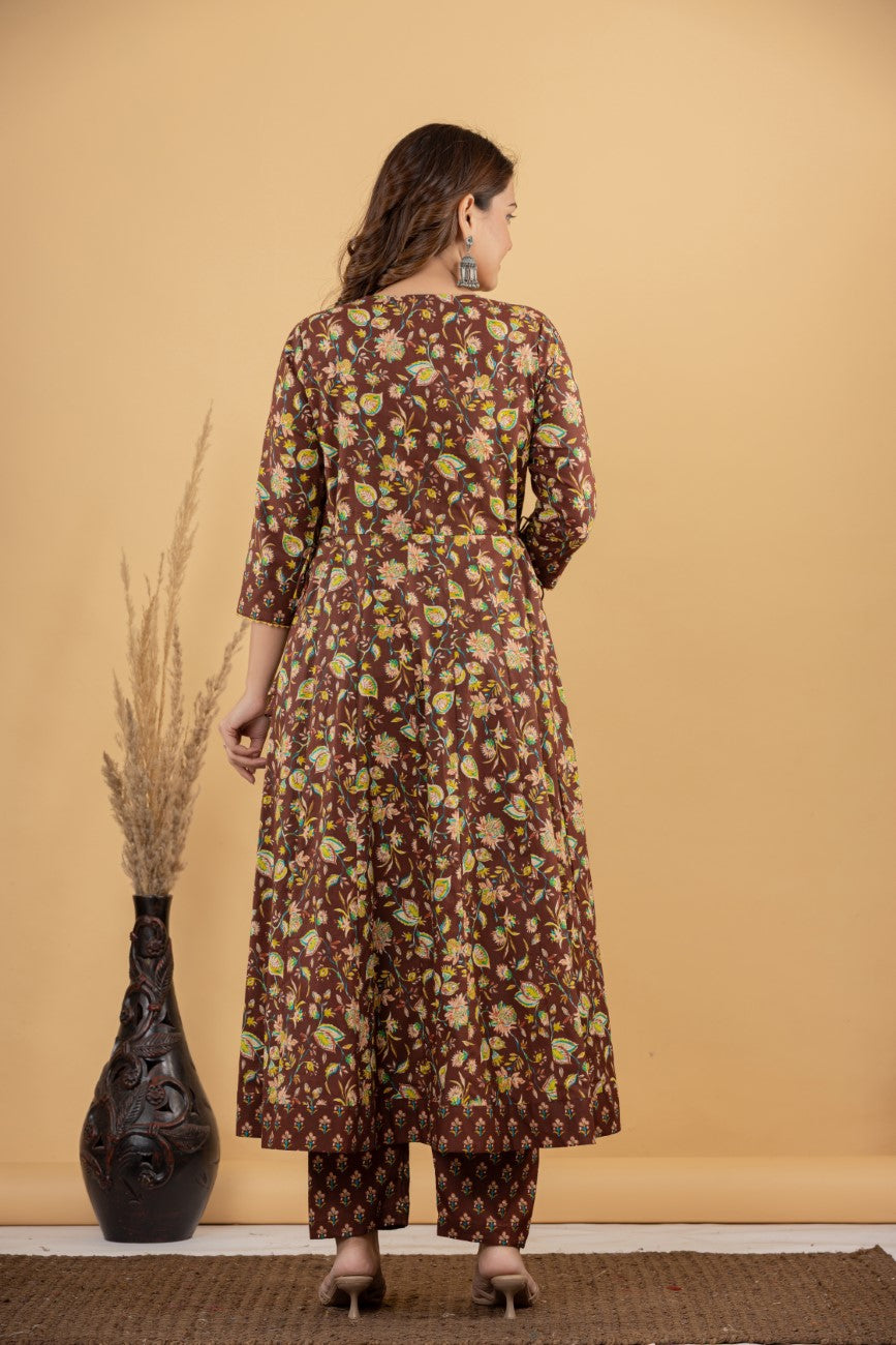 Brown Cotton Anarkali Kurta Pant Set with Dupatta-250116