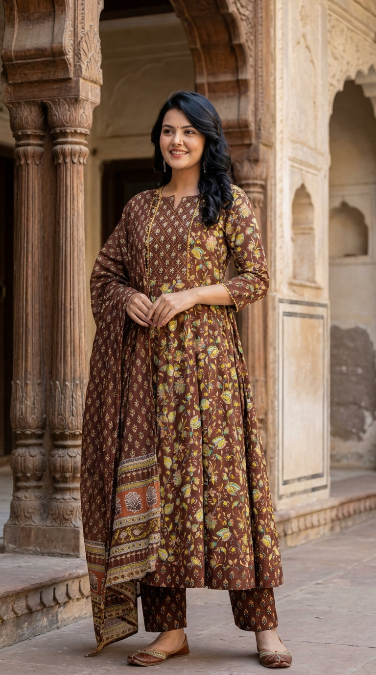 Brown Cotton Anarkali Kurta Pant Set with Dupatta-250116