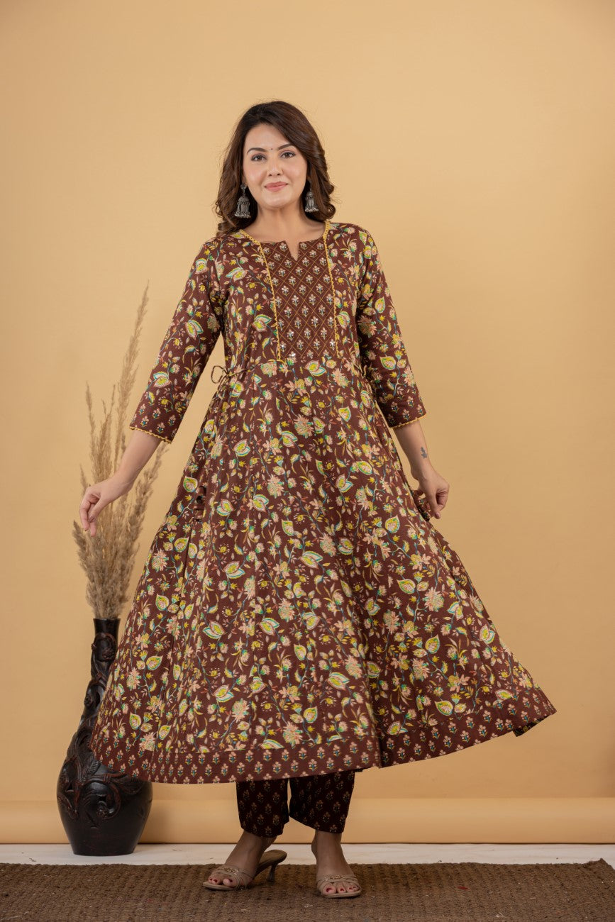 Brown Cotton Anarkali Kurta Pant Set with Dupatta-250116