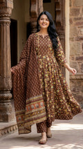 Brown Cotton Anarkali Kurta Pant Set with Dupatta-250116