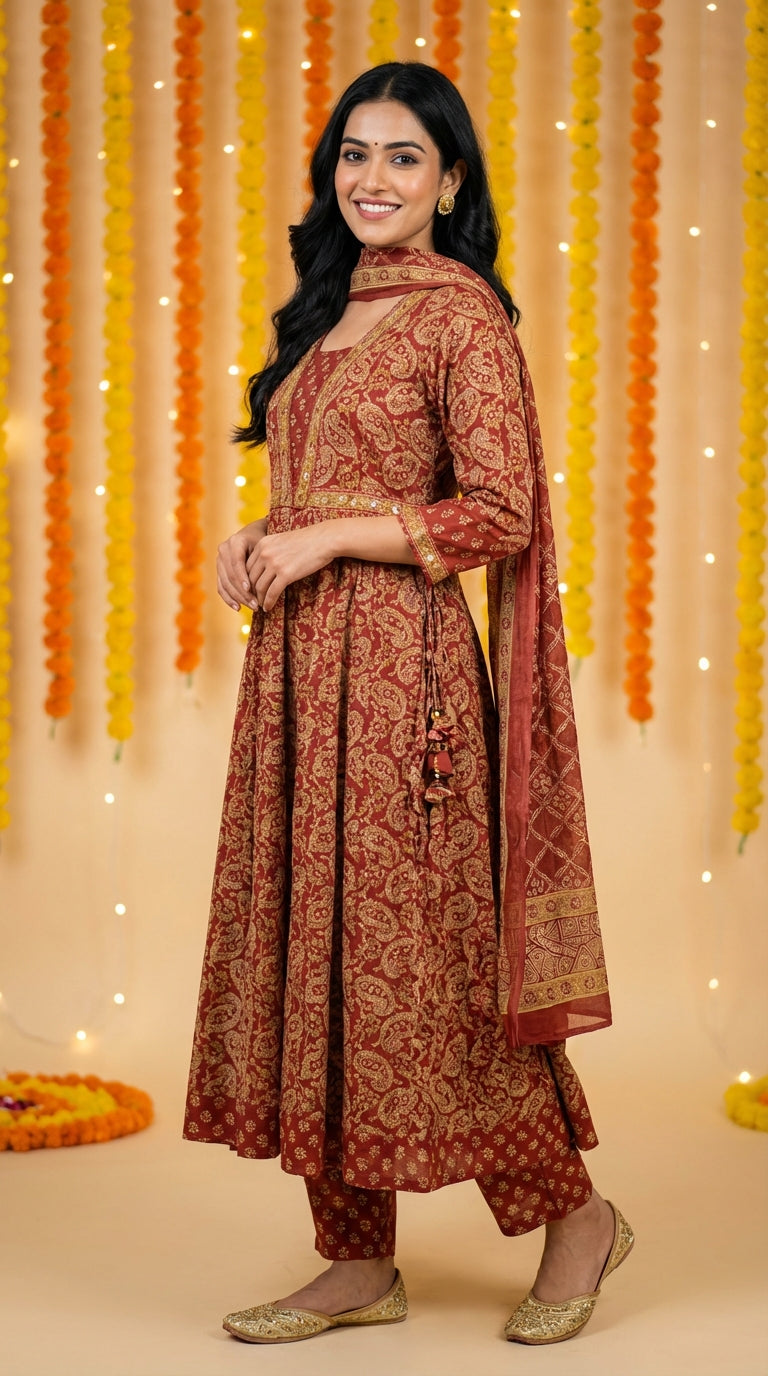 Rust Cotton Anarkali Kurta Pant Set with Dupatta-250122