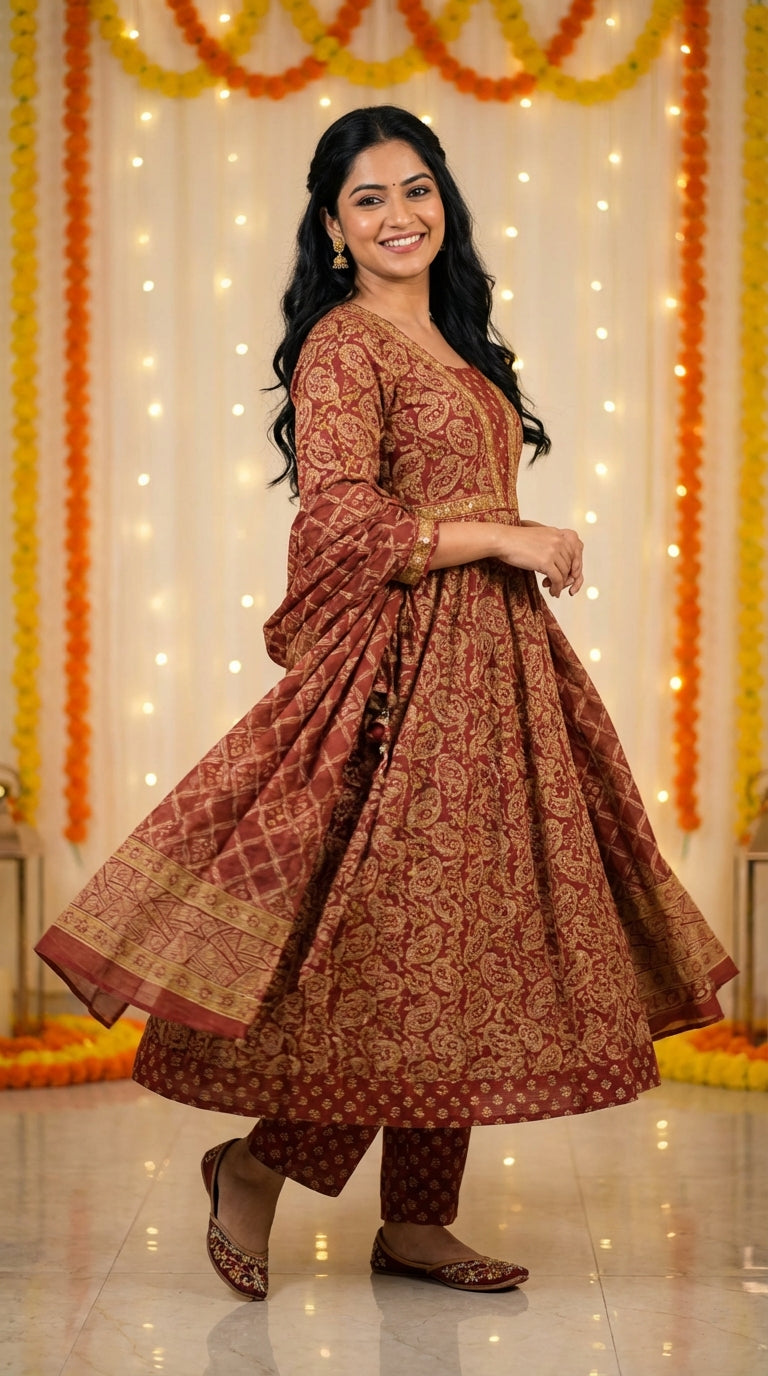 Rust Cotton Anarkali Kurta Pant Set with Dupatta-250122