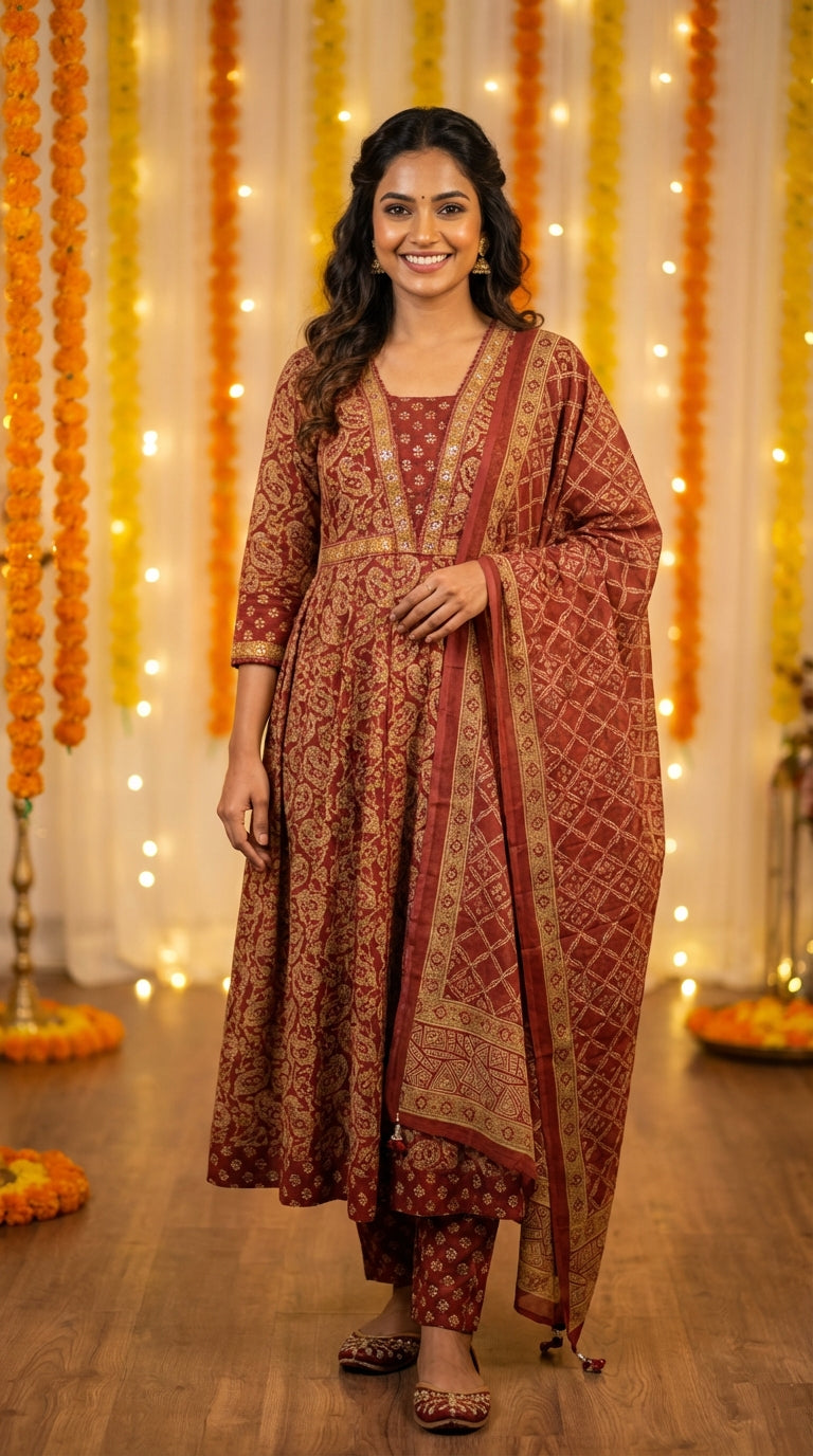 Rust Cotton Anarkali Kurta Pant Set with Dupatta-250122