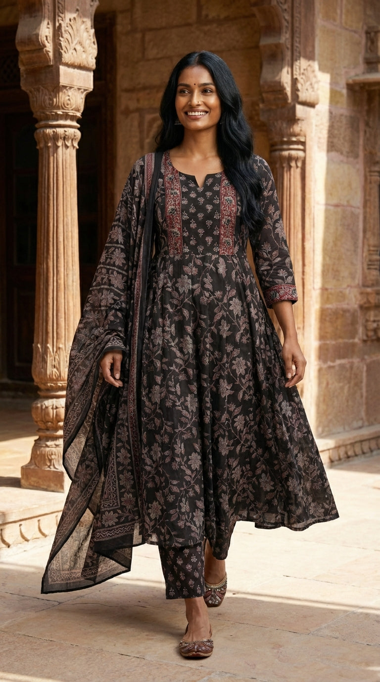 Black Cotton Anarkali Kurta Pant Set with Dupatta-250123