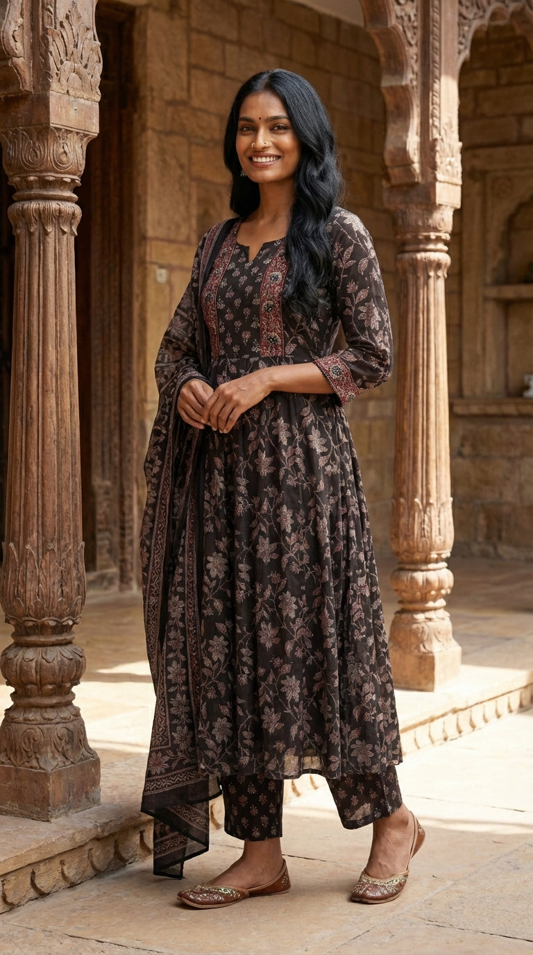 Black Cotton Anarkali Kurta Pant Set with Dupatta-250123