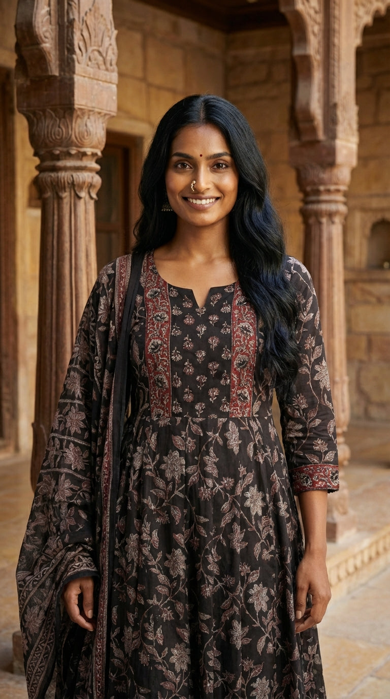 Black Cotton Anarkali Kurta Pant Set with Dupatta-250123