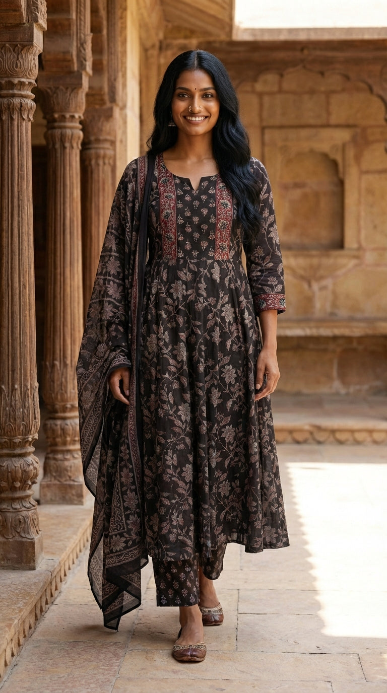 Black Cotton Anarkali Kurta Pant Set with Dupatta-250123