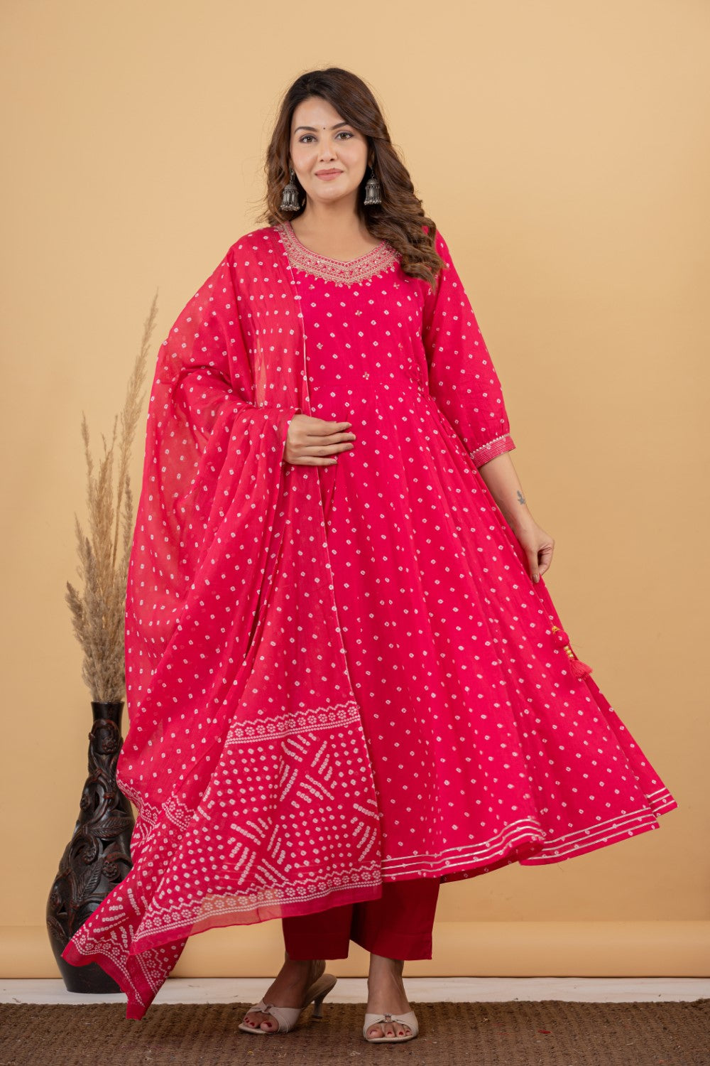 Pink Cotton Anarkali Kurta Pant Set with Dupatta-250125