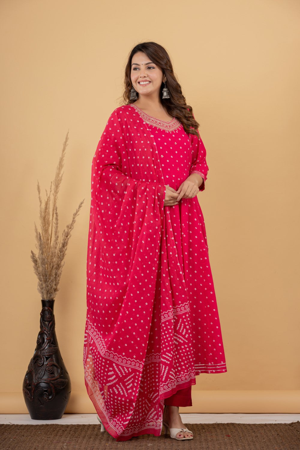 Pink Cotton Anarkali Kurta Pant Set with Dupatta-250125