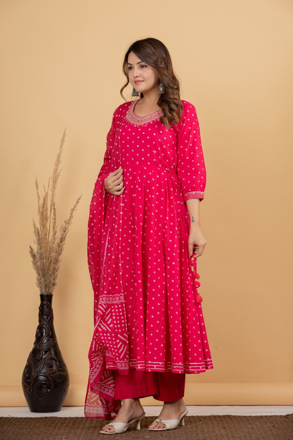 Pink Cotton Anarkali Kurta Pant Set with Dupatta-250125
