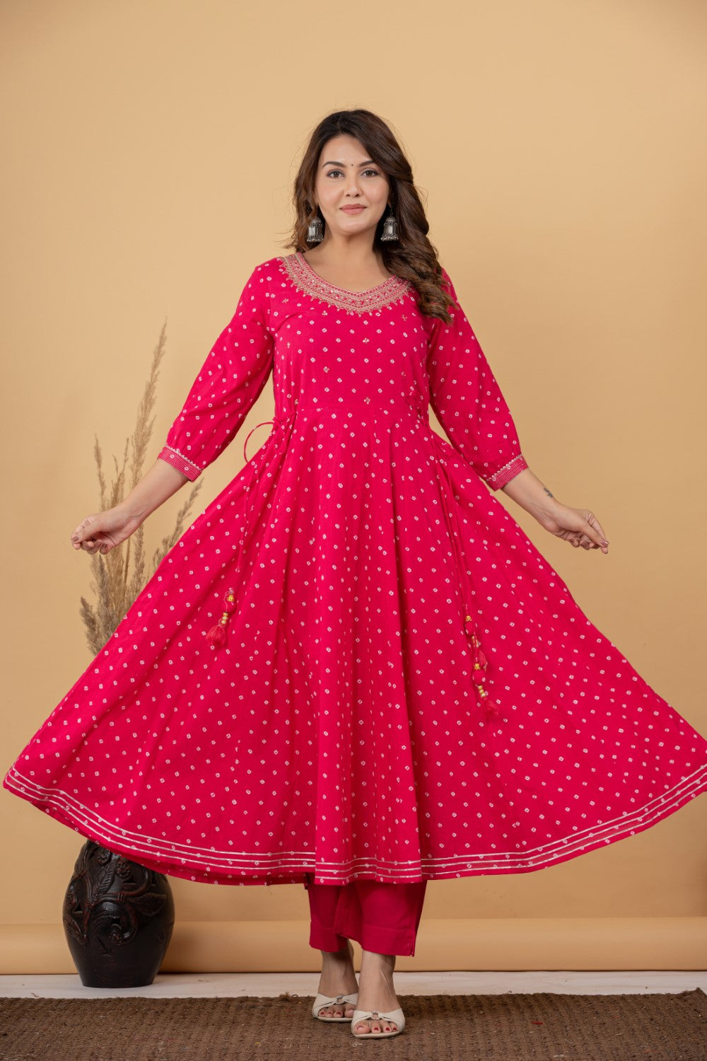 Pink Cotton Anarkali Kurta Pant Set with Dupatta-250125