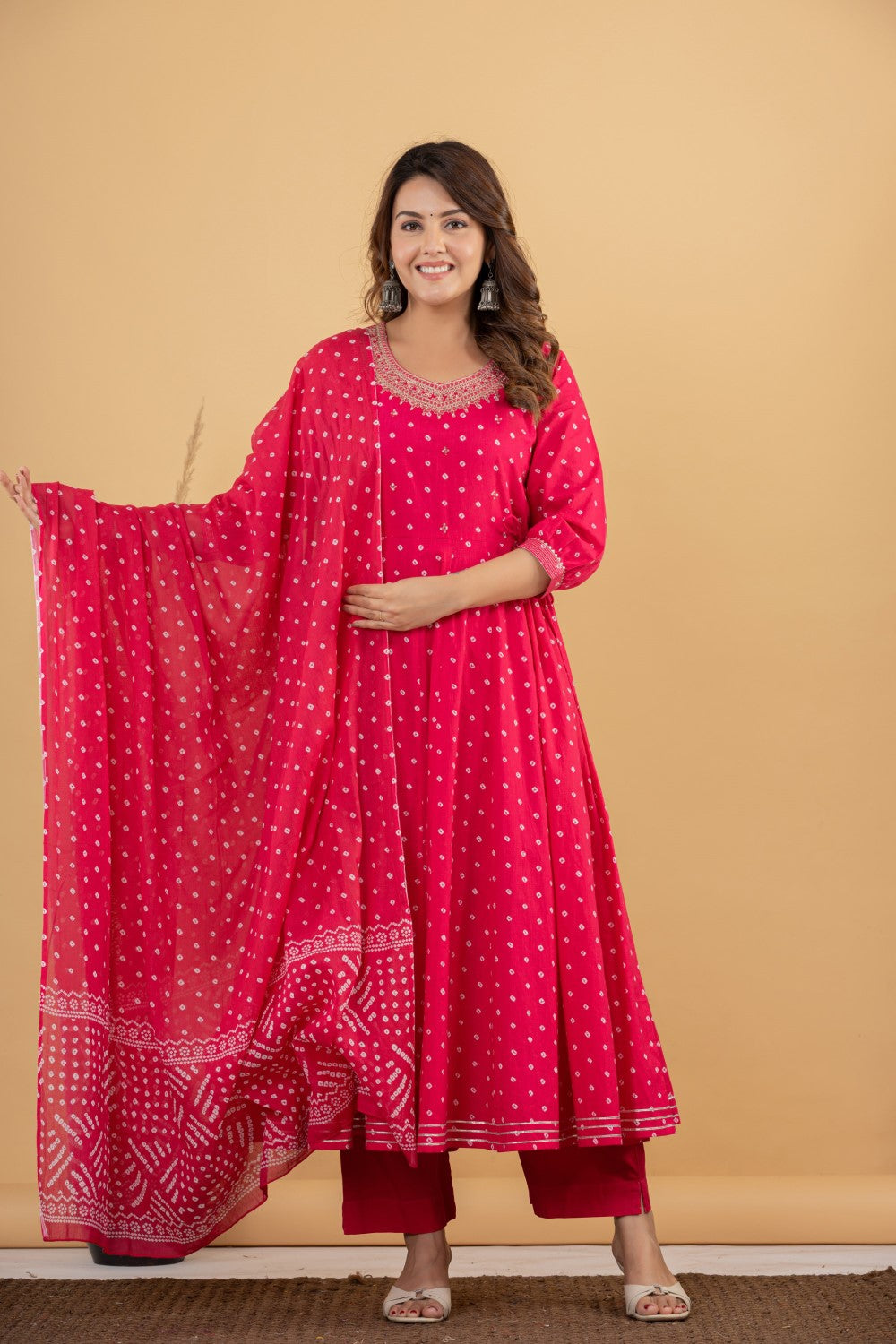 Pink Cotton Anarkali Kurta Pant Set with Dupatta-250125