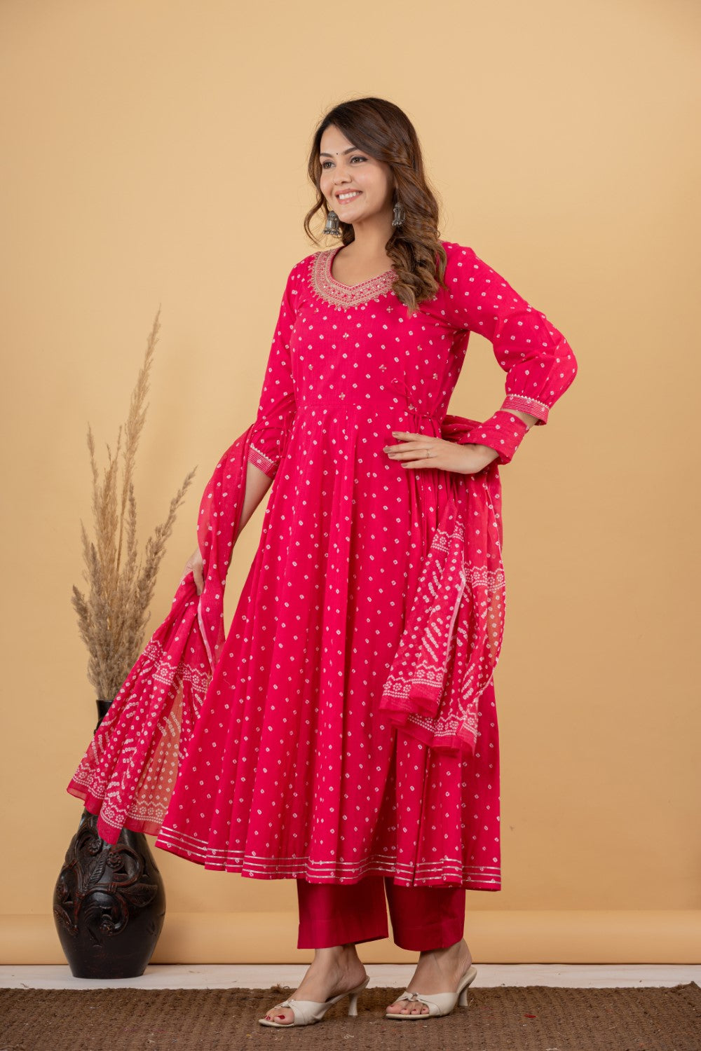 Pink Cotton Anarkali Kurta Pant Set with Dupatta-250125
