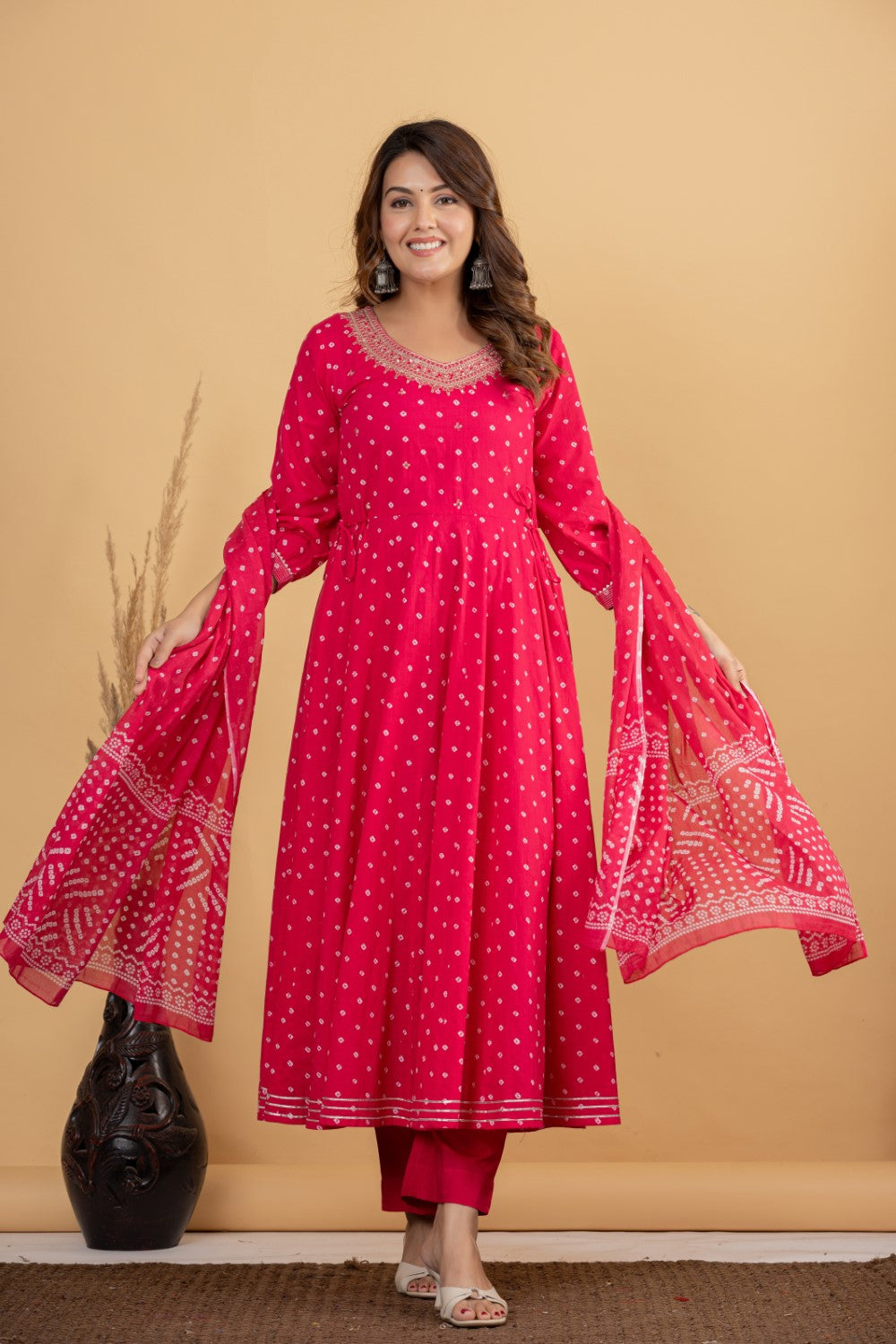 Pink Cotton Anarkali Kurta Pant Set with Dupatta-250125