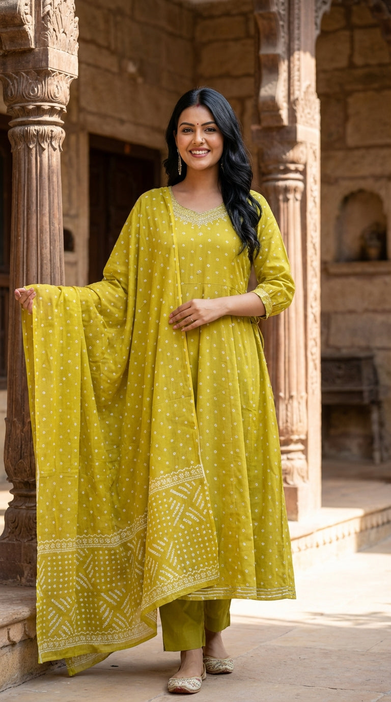 Green Cotton Anarkali Kurta Pant Set with Dupatta-250126