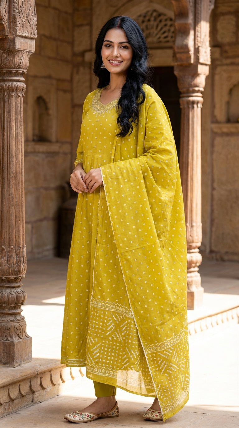 Green Cotton Anarkali Kurta Pant Set with Dupatta-250126