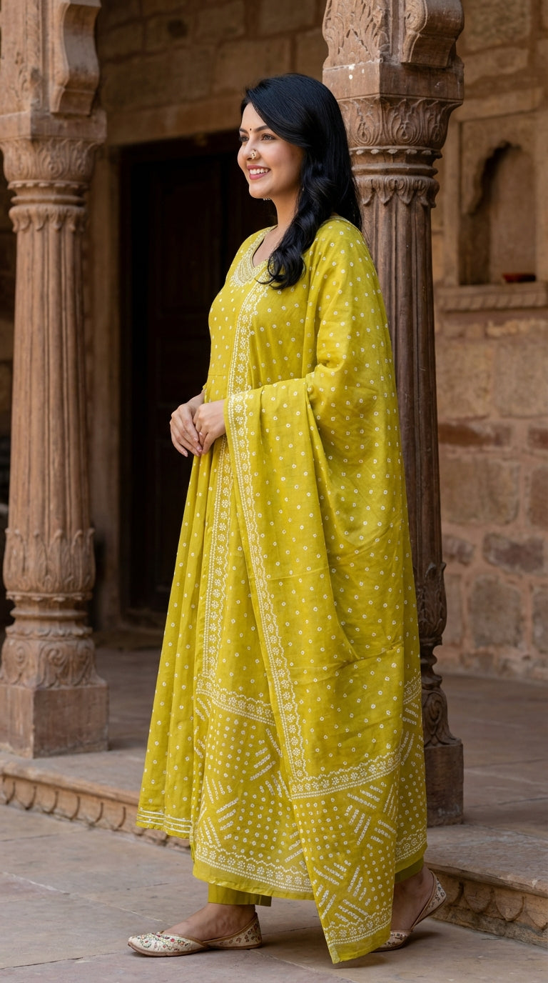 Green Cotton Anarkali Kurta Pant Set with Dupatta-250126