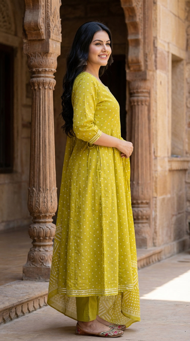 Green Cotton Anarkali Kurta Pant Set with Dupatta-250126