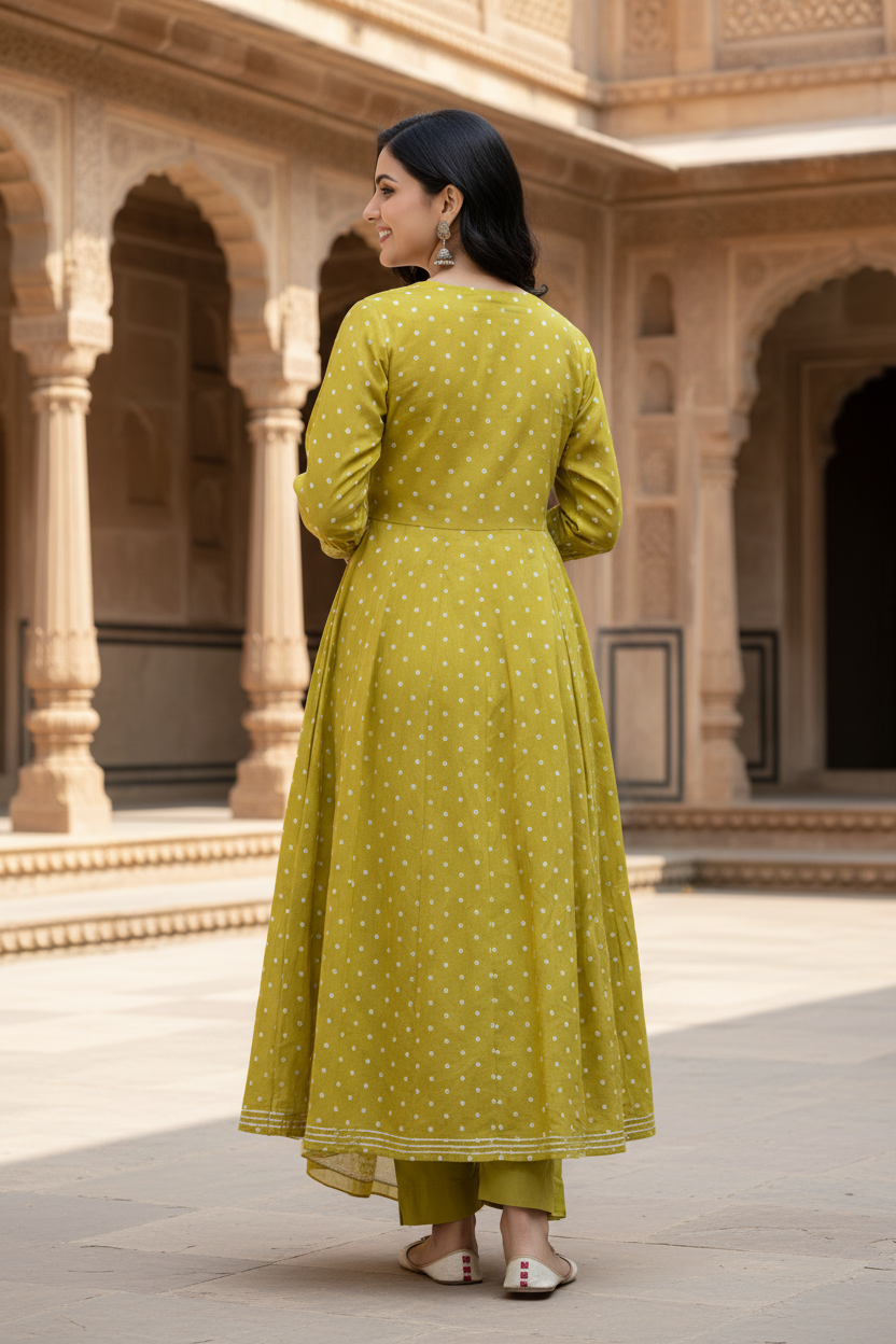 Green Cotton Anarkali Kurta Pant Set with Dupatta-250126