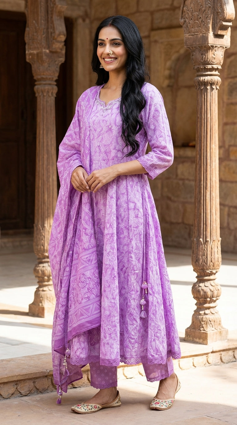 Purple Cotton Anarkali Kurta Pant Set with Dupatta-250127