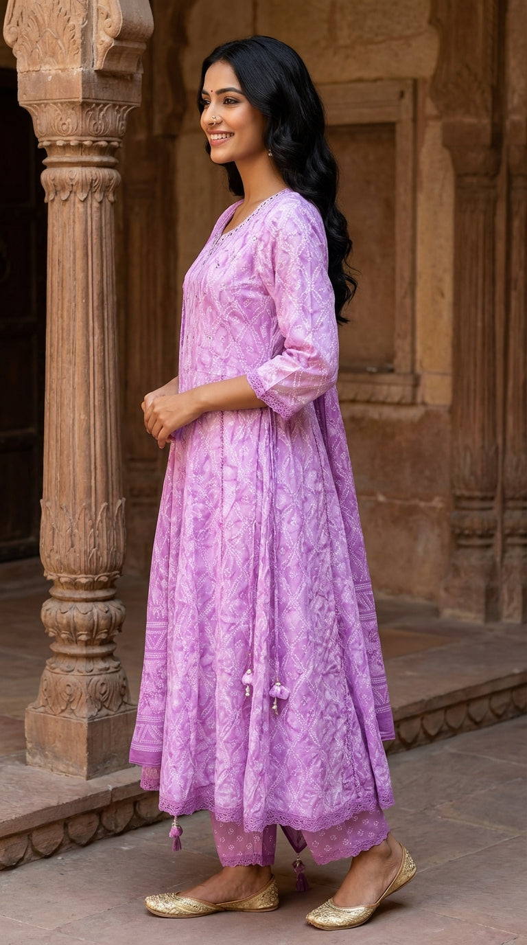 Purple Cotton Anarkali Kurta Pant Set with Dupatta-250127