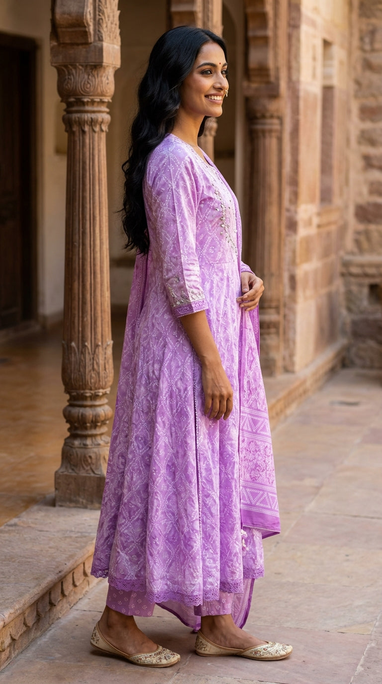 Purple Cotton Anarkali Kurta Pant Set with Dupatta-250127