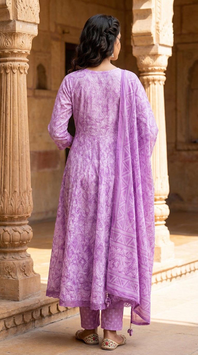 Purple Cotton Anarkali Kurta Pant Set with Dupatta-250127