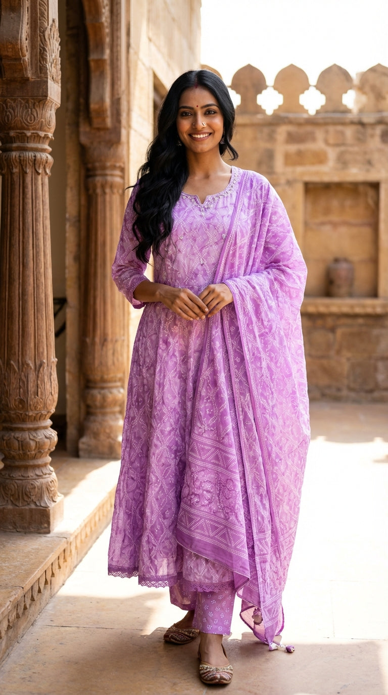 Purple Cotton Anarkali Kurta Pant Set with Dupatta-250127