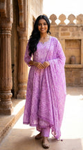 Purple Cotton Anarkali Kurta Pant Set with Dupatta-250127
