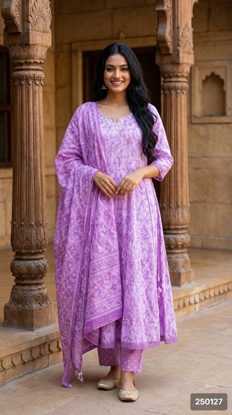 Purple Cotton Anarkali Kurta Pant Set with Dupatta-250127