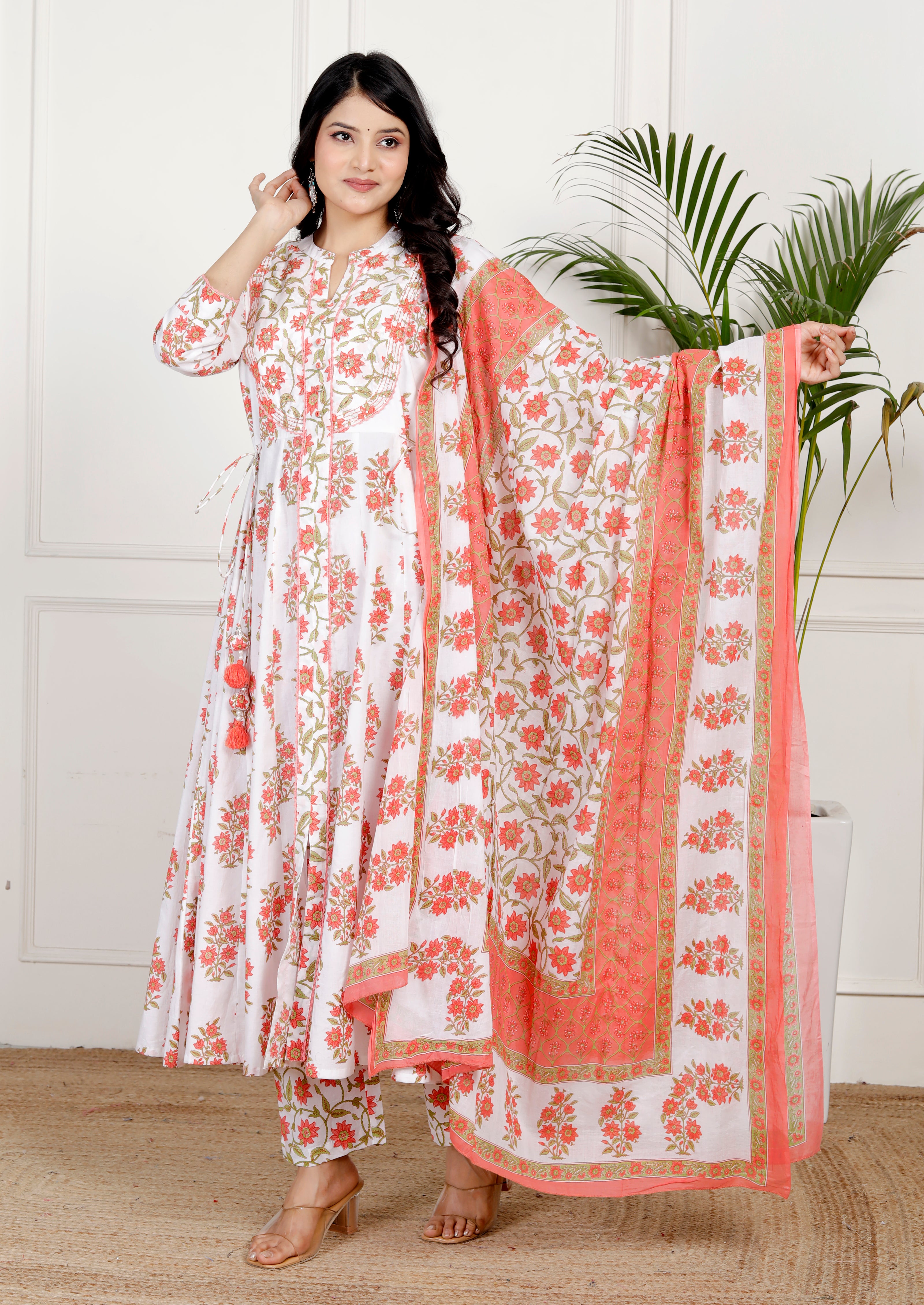 White Cotton Anarkali Kurta Pant Set with Dupatta-250131