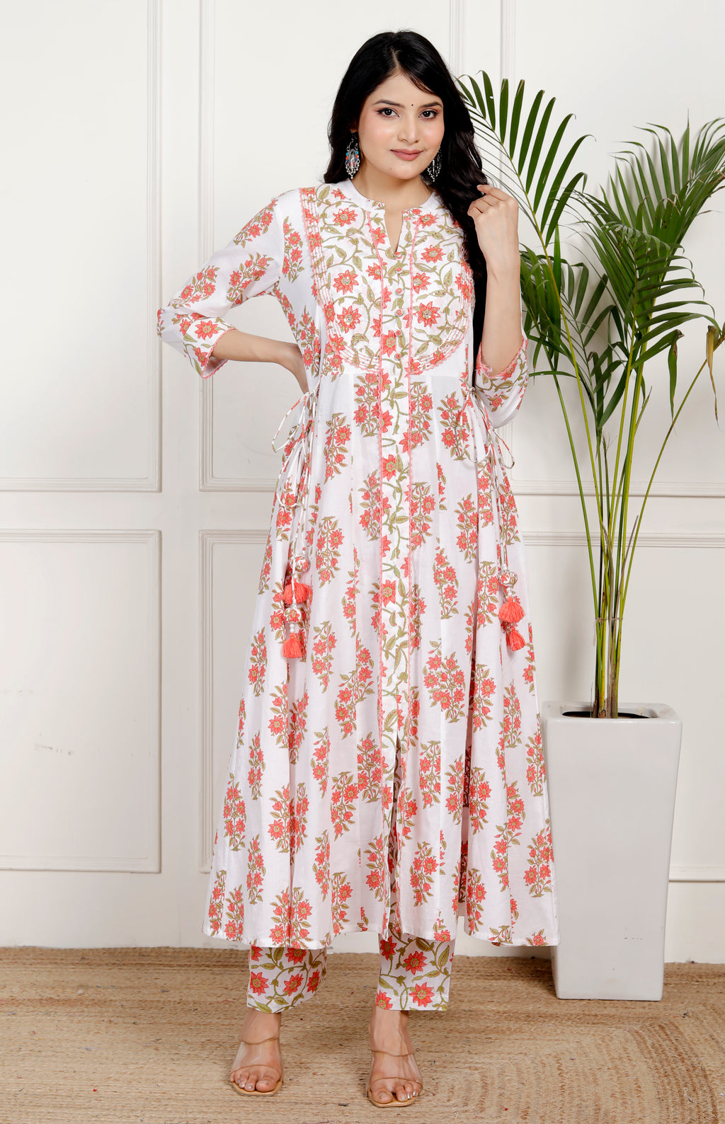 White Cotton Anarkali Kurta Pant Set with Dupatta-250131