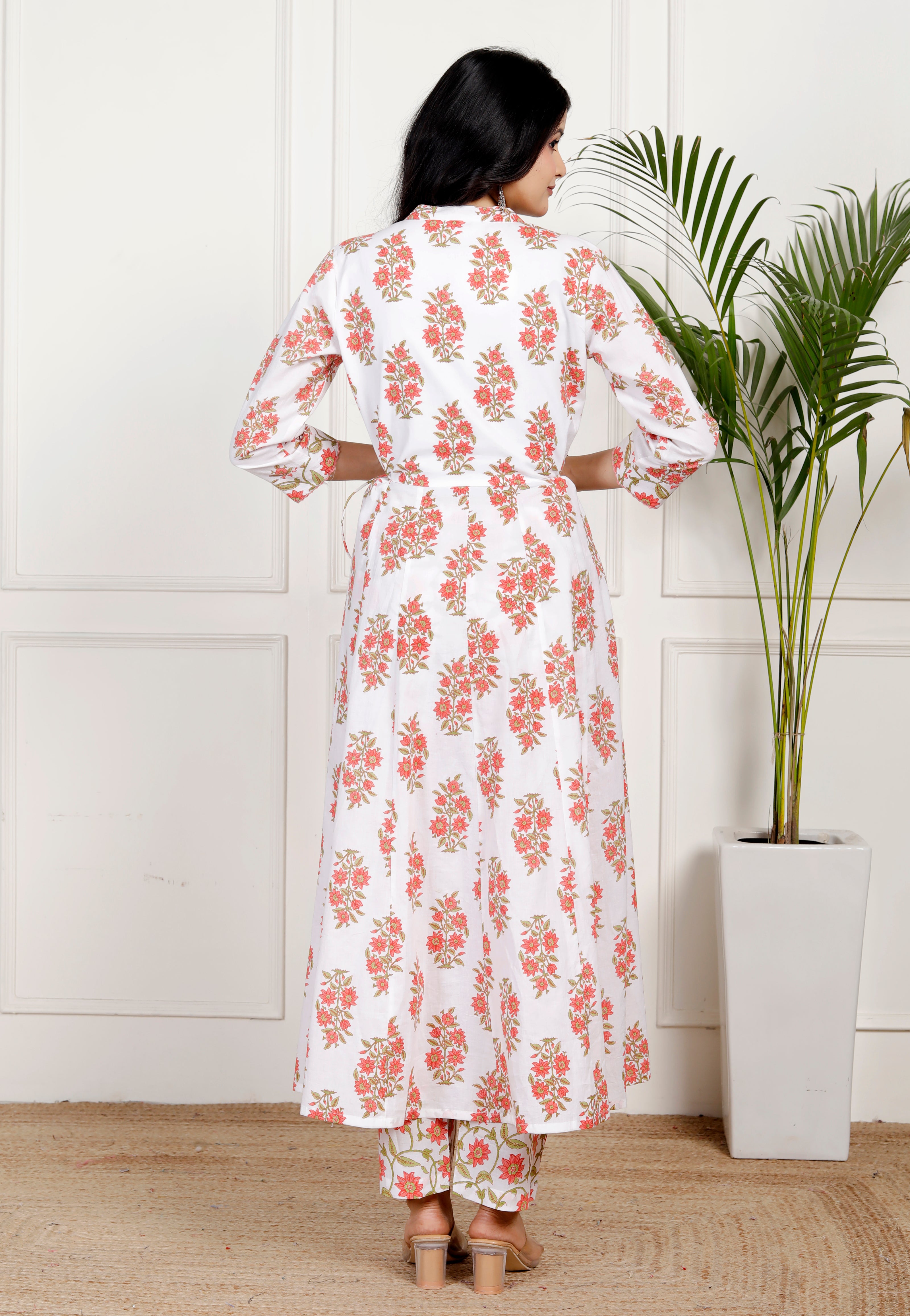 White Cotton Anarkali Kurta Pant Set with Dupatta-250131