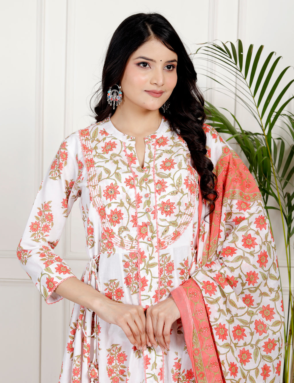 White Cotton Anarkali Kurta Pant Set with Dupatta-250131