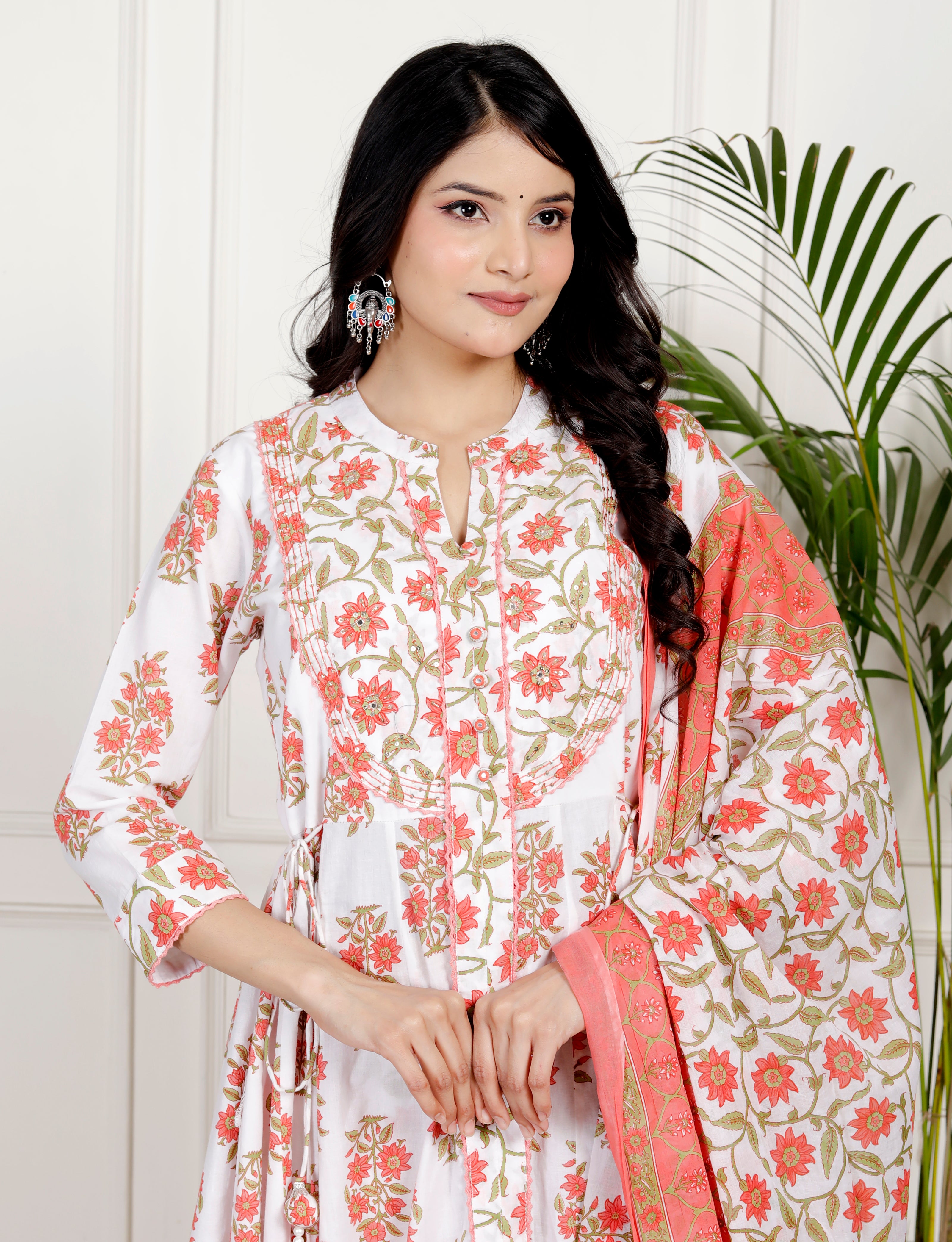 White Cotton Anarkali Kurta Pant Set with Dupatta-250131