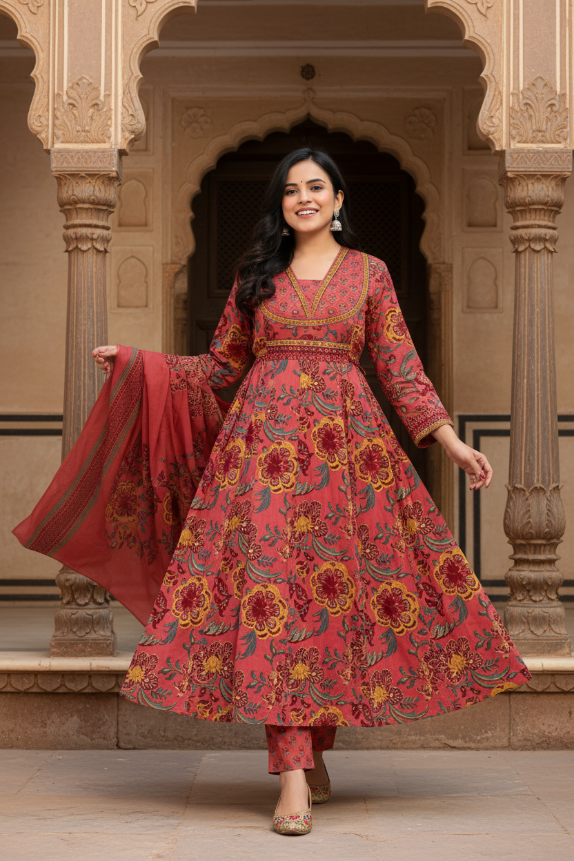 Onion Cotton Anarkali Kurta Pant Set with Dupatta-250134