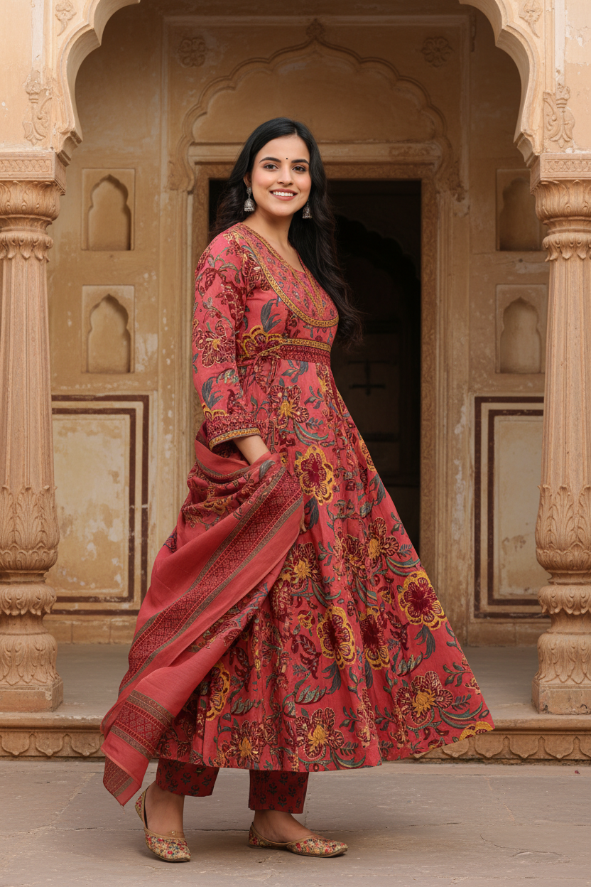 Onion Cotton Anarkali Kurta Pant Set with Dupatta-250134