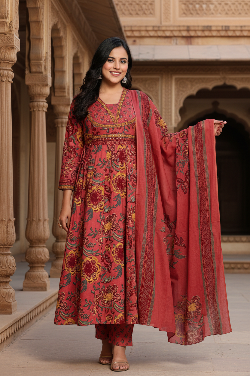 Onion Cotton Anarkali Kurta Pant Set with Dupatta-250134