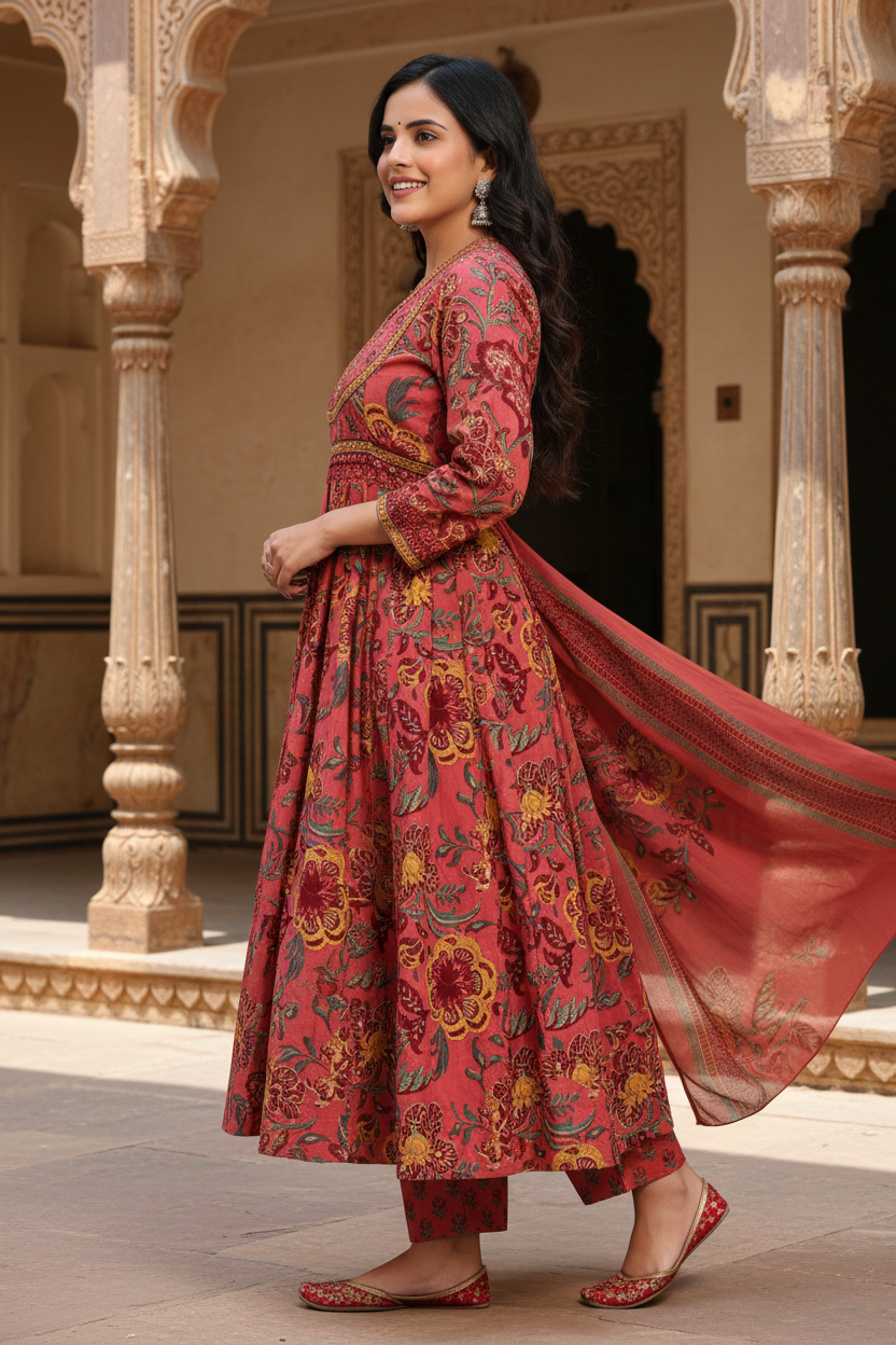 Onion Cotton Anarkali Kurta Pant Set with Dupatta-250134