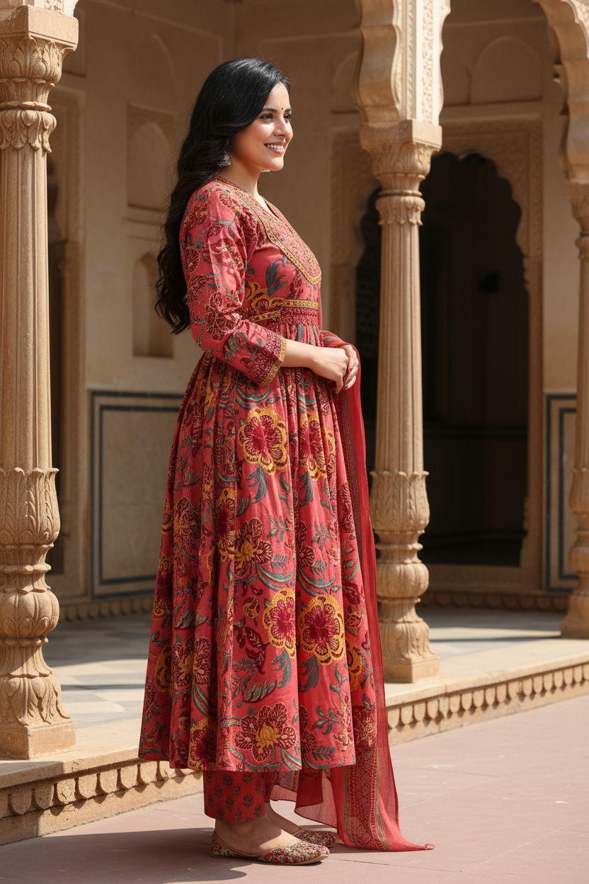 Onion Cotton Anarkali Kurta Pant Set with Dupatta-250134