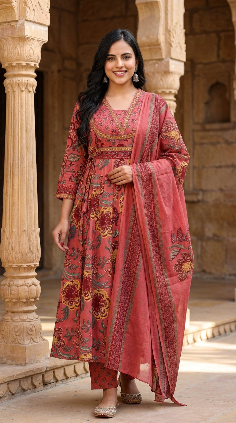 Onion Cotton Anarkali Kurta Pant Set with Dupatta-250134
