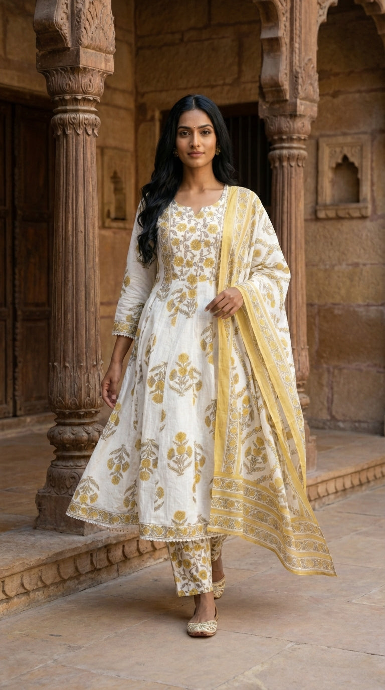 White Kurta Pant Set with Dupatta-250135