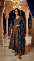 Blue Cotton Anarkali Kurta Pant Set with Dupatta-250138