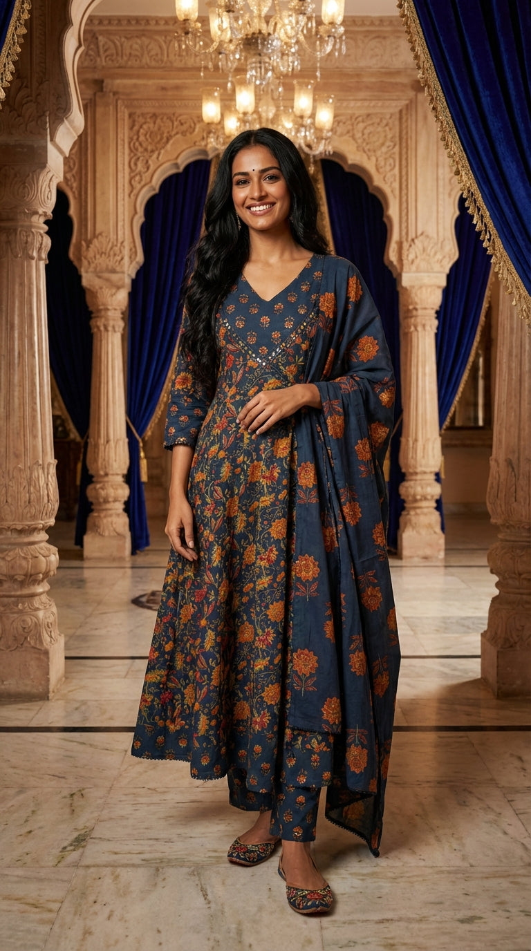 Blue Cotton Anarkali Kurta Pant Set with Dupatta-250138